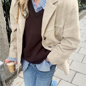 Elegant Beige Suede Blazer for Women, oversized quality faux suede fabric.